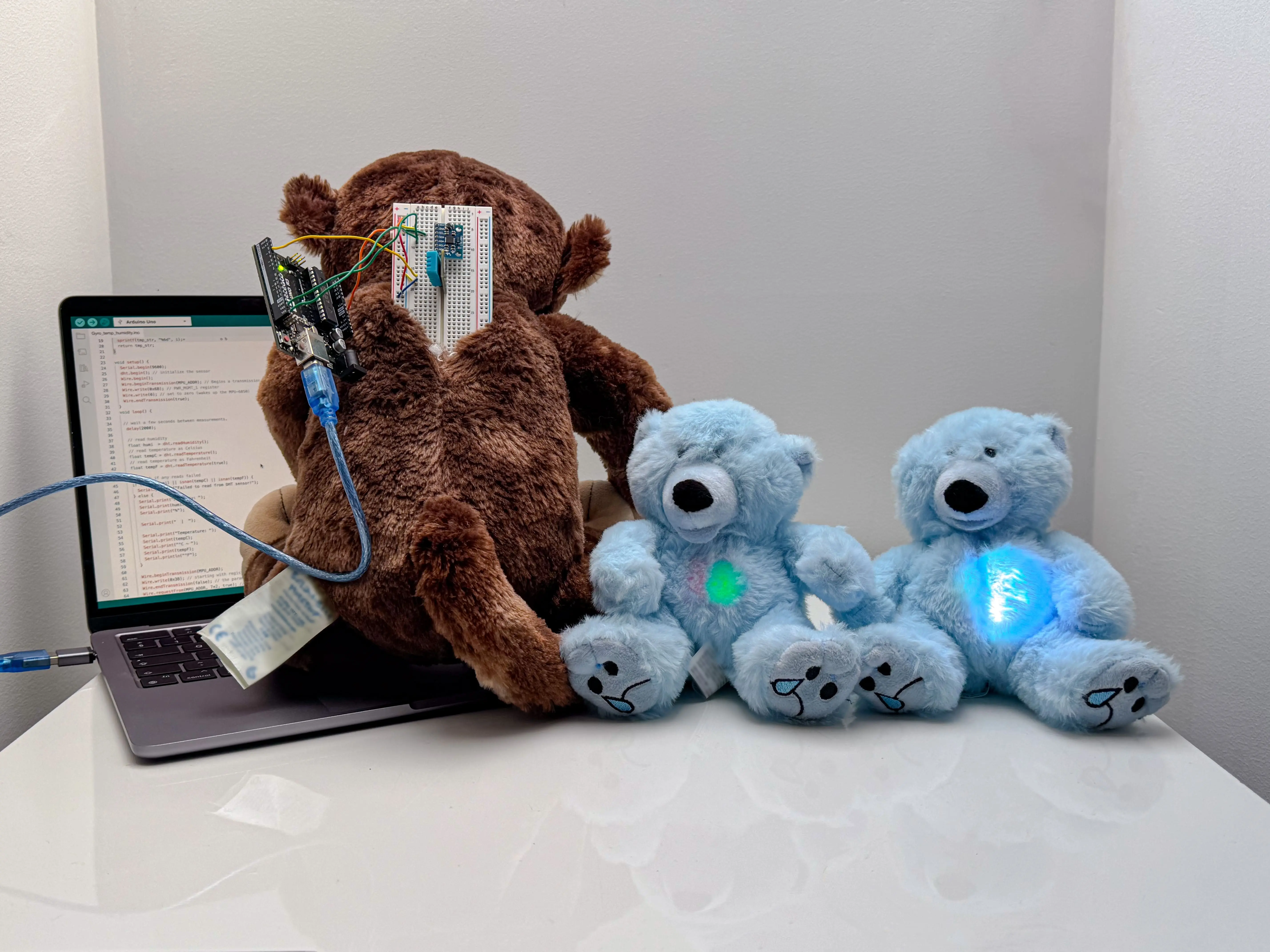 Three Air Bear teddy prototypes made using Arduino